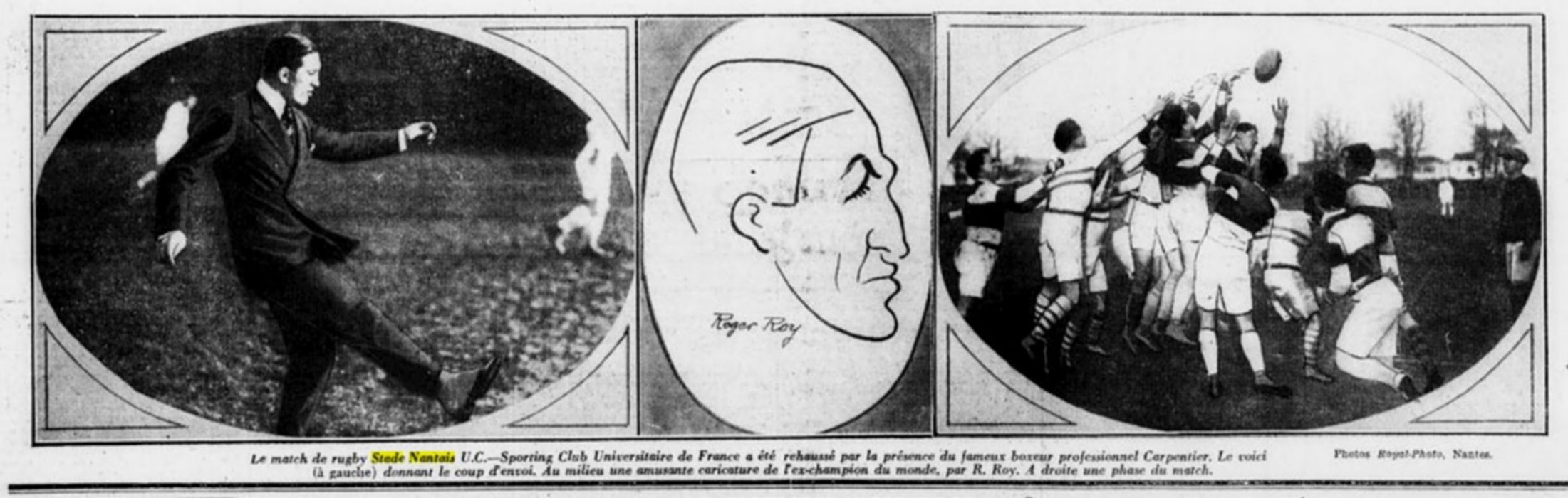 <p style='text-align: center;'><strong><span style='font-size: medium; font-family: arial, helvetica, sans-serif; color: #0000ff;'>Extrait du journal Le Phare où Georges CARPENTIER, joueur du S.C.U.F. vétéran donna le coup d'envoi de S.N.U.C. contre le S.C.U.F. au stade de Malville</span></strong>
<p style='text-align: left;'><em><span style='font-size: medium; font-family: arial, helvetica, sans-serif; color: #0000ff;'>(collection Retronews)</span></em>