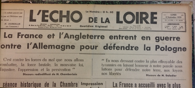 <p style='text-align: center;'><strong><span style='font-family: arial, helvetica, sans-serif; font-size: medium; color: #0000ff;'>Une de l'Echo de la Loire du 3 septembre 1939<br /></span></strong>
<p style='text-align: left;'><em><span style='font-family: arial, helvetica, sans-serif; font-size: medium; color: #0000ff;'>(collection Archives municipales de Nantes)</span></em>