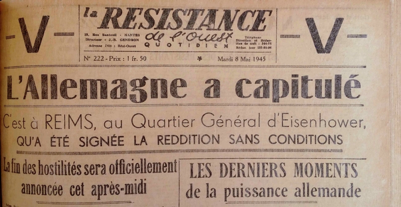 <p style='text-align: center;'><span style='color: #0000ff;'><strong><span style='font-family: arial, helvetica, sans-serif; font-size: medium;'>Une du journal La résistance de l'Ouest du 8 mai 1945</span></strong></span>
<p style='text-align: left;'><em><span style='font-family: arial, helvetica, sans-serif; font-size: medium; color: #0000ff;'>(Collection Archives municipales)</span></em>