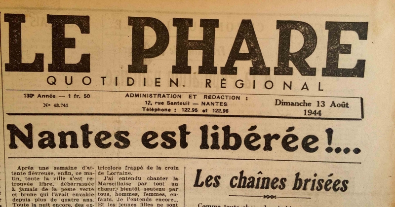 <p style='text-align: center;'><strong><span style='font-family: arial, helvetica, sans-serif; font-size: medium; color: #0000ff;'>Une du journal Le Phare du 13 aout 1944.</span></strong>
<p style='text-align: left;'><em><span style='font-family: arial, helvetica, sans-serif; font-size: medium; color: #0000ff;'>(collection Archives municipales)</span></em>