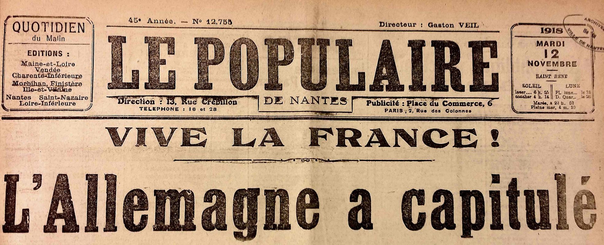 <p style='text-align: center;'><strong><span style='font-family: arial, helvetica, sans-serif; font-size: medium; color: #0000ff;'>Une du journal le Populaire du 11 novembre 1918</span></strong>
<p style='text-align: left;'><em><span style='font-family: arial, helvetica, sans-serif; font-size: medium; color: #0000ff;'>(collection Archives municipales de Nantes)</span></em>