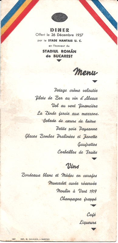 <p style='text-align: left;'><strong><span style='font-size: medium; font-family: arial, helvetica, sans-serif; color: #0000ff;'>Menu du banquet cloturant le match S.N.U.C. - Stadium Roman de Bucarest 26 décembre 1937</span></strong>
<p style='text-align: left;'><span style='font-size: medium; font-family: arial, helvetica, sans-serif; color: #0000ff;'><em>(collection de l'auteur)</em><br /></span>