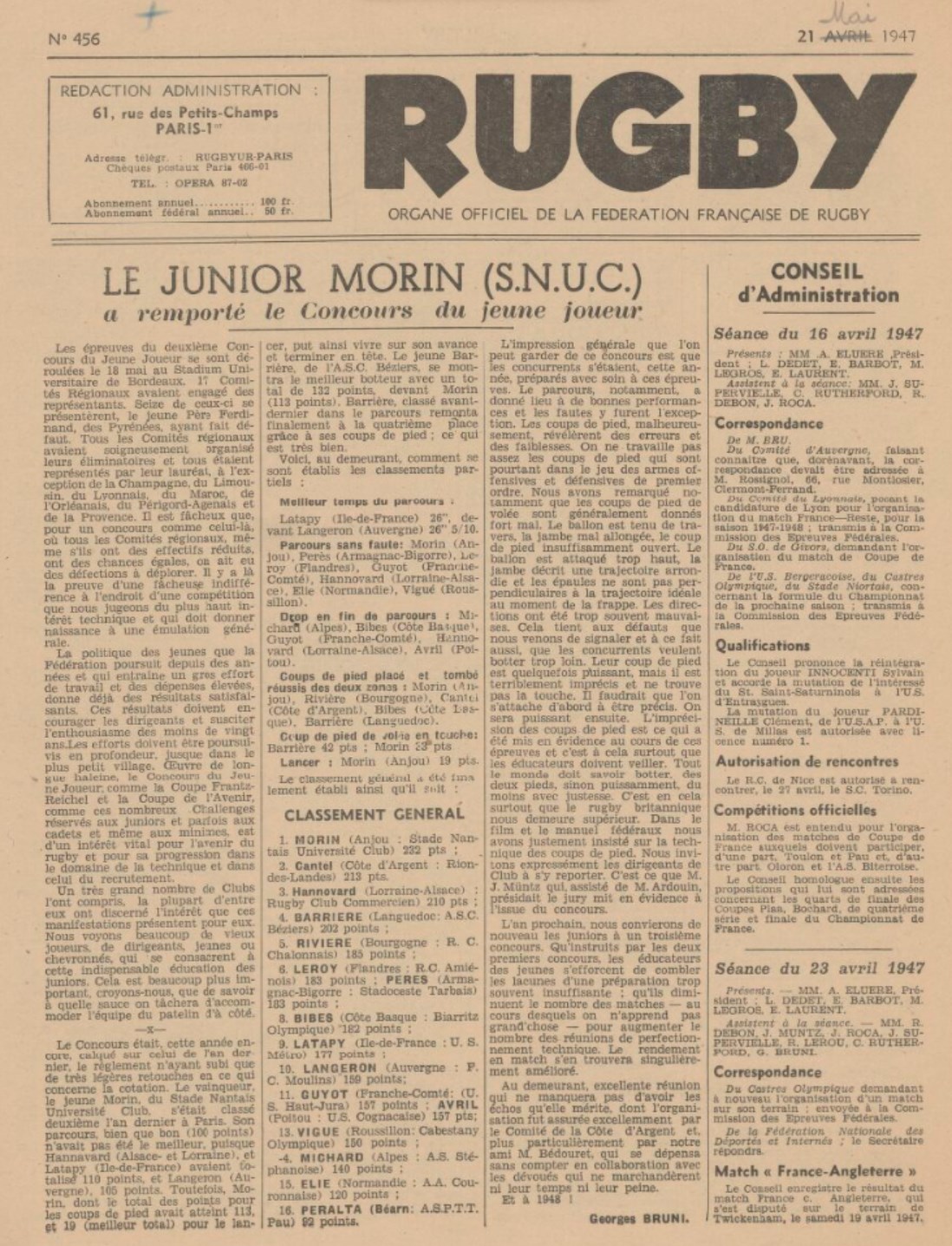 <p style='text-align: center;'><span style='font-family: arial, helvetica, sans-serif; font-size: medium; color: #888888;'>Une du journal 'Rugby' organe officiel de la F.F.R. du 21 mai 1947<br /></span>
<p style='text-align: left;'><span style='font-family: arial, helvetica, sans-serif; font-size: medium; color: #888888;'>En quatrième place figure Raoul BARRIERE futur entraineur de l'équipe de Béziers</span>
<p style='text-align: left;'><span style='color: #0000ff; font-family: arial, helvetica, sans-serif; font-size: medium;'><em>(Archives Gallica)</em></span>