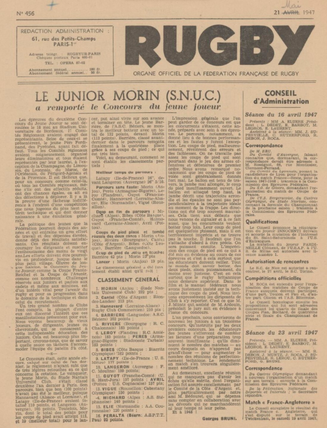 <p style='text-align: center;'><span style='font-family: arial, helvetica, sans-serif; font-size: medium; color: #888888;'>Une du journal 'Rugby' organe officiel de la F.F.R. du 21 mai 1947<br /></span>
<p style='text-align: left;'><span style='font-family: arial, helvetica, sans-serif; font-size: medium; color: #888888;'>En quatrième place figure Raoul BARRIERE futur entraineur de l'équipe de Béziers</span>
<p style='text-align: left;'><span style='color: #0000ff; font-family: arial, helvetica, sans-serif; font-size: medium;'><em>(Archives Gallica)</em></span>