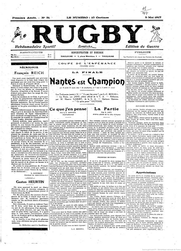 <p style='text-align: center;'><strong><span style='font-family: arial, helvetica, sans-serif; font-size: medium; color: #0000ff;'>Une du journal Rugby du 5 mai 1917</span></strong>
<p style='text-align: left;'><em><span style='font-family: arial, helvetica, sans-serif; font-size: medium; color: #0000ff;'>(collection Gallica)</span></em>