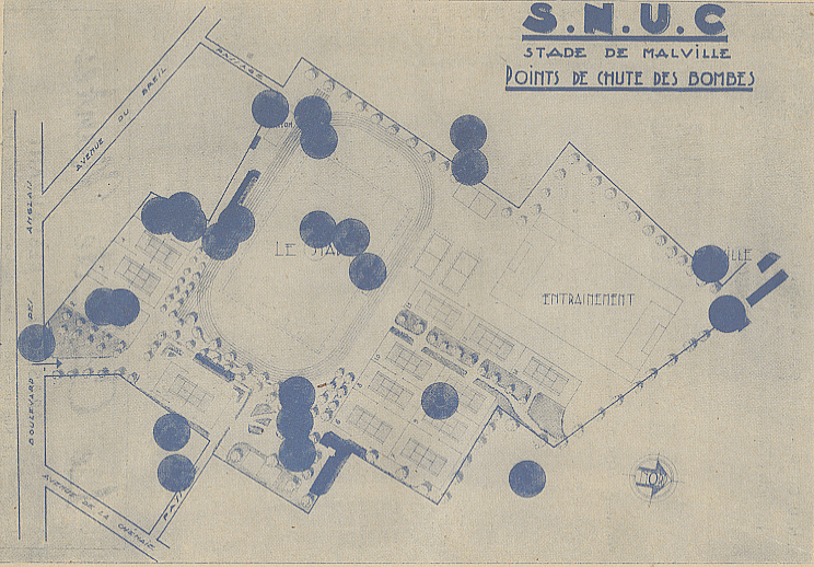 <p style='text-align: center;'><span style='color: #0000ff;'><strong><span style='font-family: arial, helvetica, sans-serif; font-size: medium;'>Les bombardements du 16 septembre 1943 - Le stade de malville par Joessel Architecte et memebre du comité directeur du S.N.U.C.</span></strong></span>
<p style='text-align: left;'><em><span style='font-family: arial, helvetica, sans-serif; font-size: medium; color: #0000ff;'>(collection de l'auteur)</span></em>