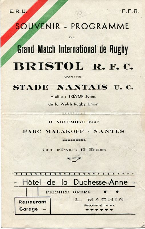 <p style='text-align: center;'><strong><span style='font-family: arial, helvetica, sans-serif; font-size: medium; color: #0000ff;'>Programme du match SNUC - Bristol RFC du 11 novembre 1947</span></strong>
<p style='text-align: left;'><em><span style='font-family: arial, helvetica, sans-serif; font-size: medium; color: #0000ff;'>(collection de l'auteur)</span></em>