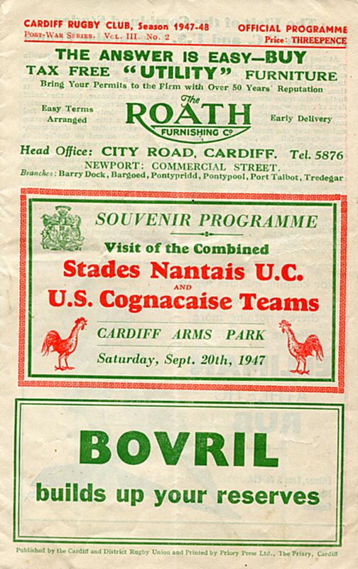 <p style='text-align: center;'><strong><span style='font-family: arial, helvetica, sans-serif; font-size: medium; color: #0000ff;'>Programme gallois du match Entente S.N.UC - U.S. Cognac à Cardiff</span></strong>
<p style='text-align: left;'><span style='font-family: arial, helvetica, sans-serif; font-size: medium; color: #0000ff;'><em>(collection de l'auteur)</em><br /></span>