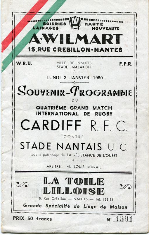 <p style='text-align: center;'><strong><span style='font-family: arial, helvetica, sans-serif; font-size: medium; color: #0000ff;'>Programme S.N.U.C. - Cardiff R.F.C. le 1 janvier 1950</span></strong>
<p style='text-align: left;'><span style='font-family: arial, helvetica, sans-serif; font-size: medium;'><em><span style='color: #0000ff;'>(collection de l'auteur)</span></em><br /></span>